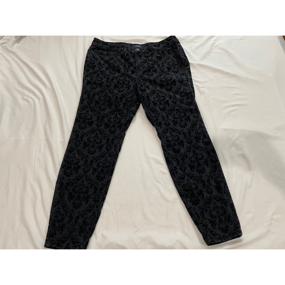 Chaps Womens Black Damask Flocked Pants 16W Floral Scroll Straight Leg